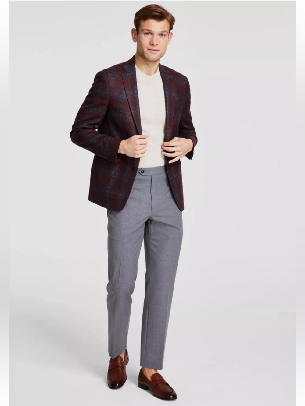 Michael Kors Men's Classic Fit Plaid Sport Coat in Brick/Blue